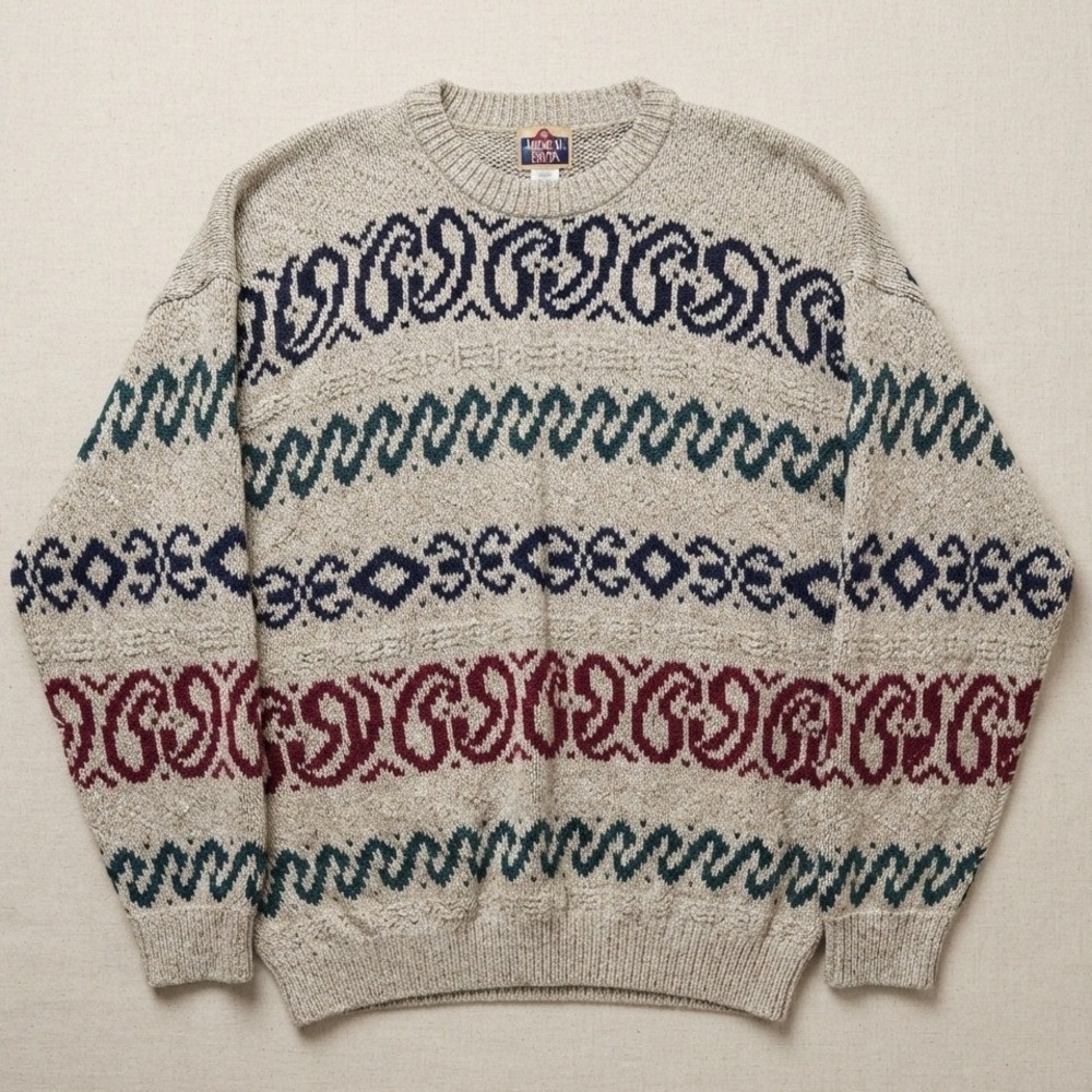 vtg grandpa Sweater coogi chunky Knit fisherman Cotton ivory cream XL geometric‎